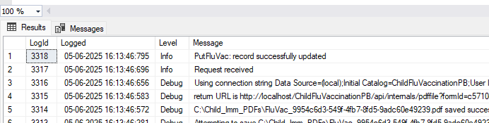 Picture showing Logging Ordered With Latest at the Top.  